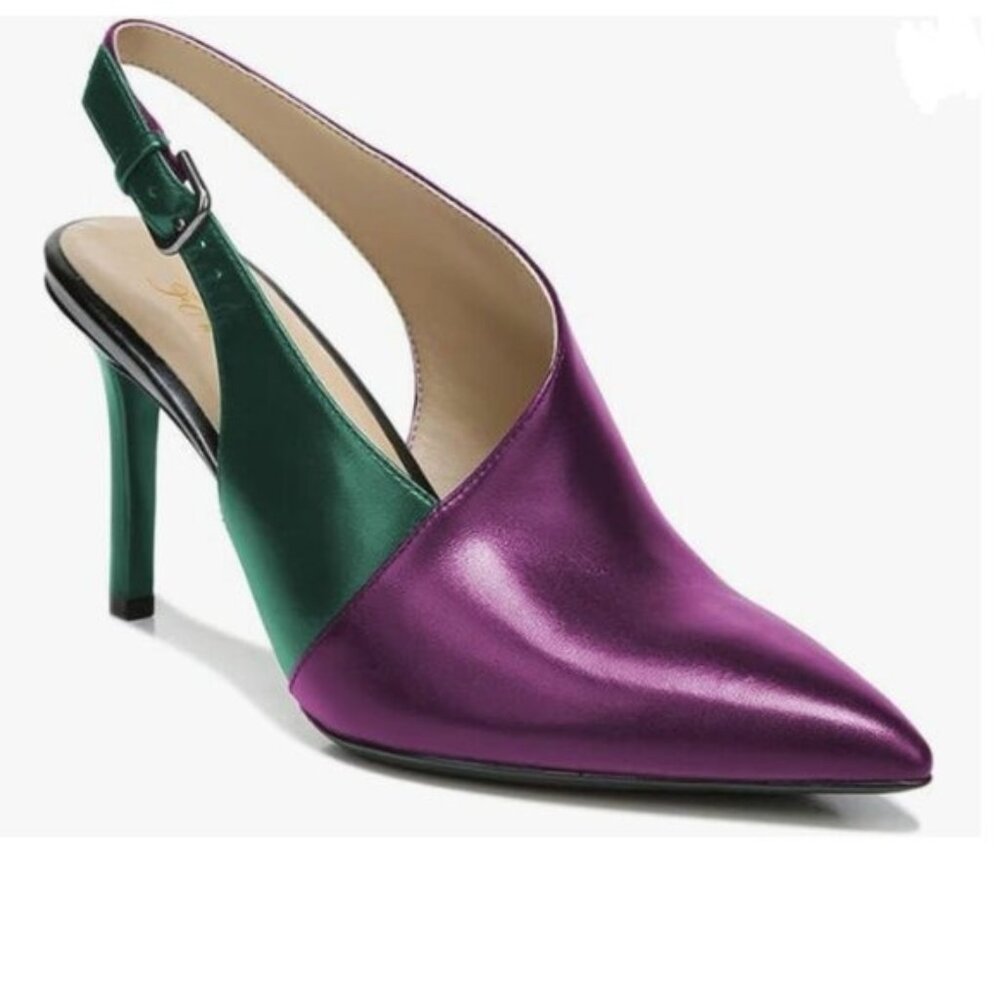 FOWT Purple Spring Two Toned Patchwork Slingback Buckle Strap Pointed Toe Pumps
